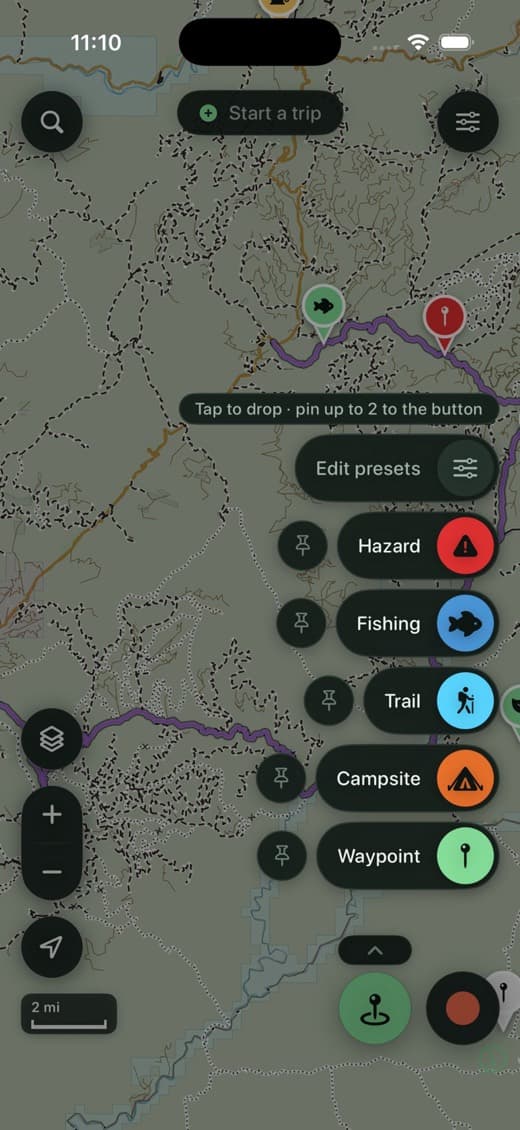 The Mark palette in Second Kick Maps with Hazard, Fishing, Trail, Campsite and Waypoint presets, each pinnable to the mark button