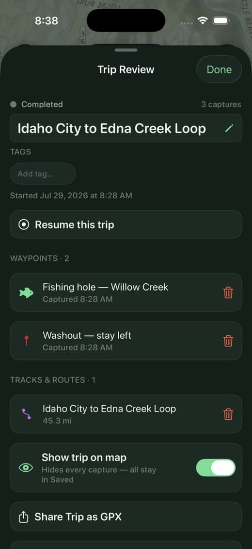 A completed trip in Second Kick Maps — the Idaho City to Edna Creek Loop — with its captured waypoints and its 45.3-mile ride collected in one place, above a Share Trip as GPX button