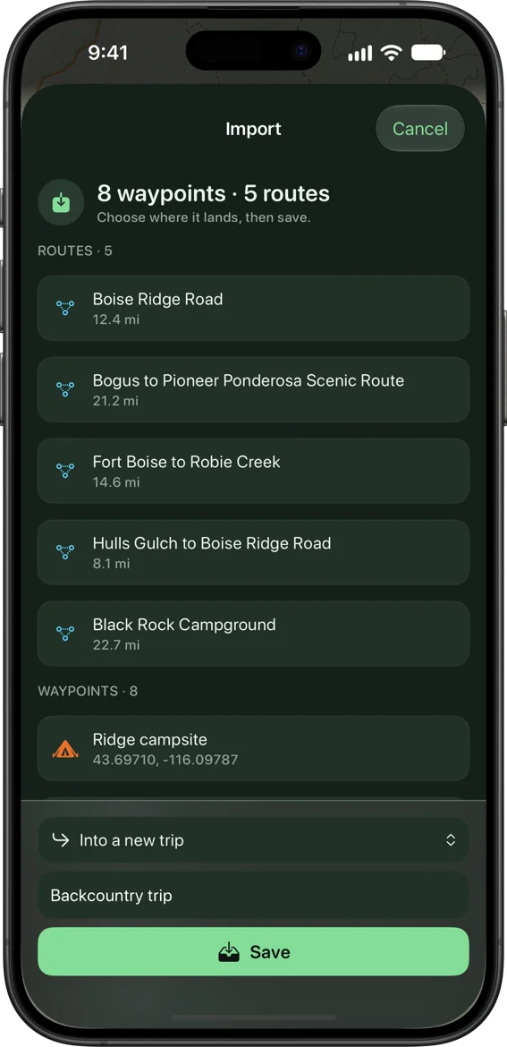 The SK Maps Import sheet listing the routes and waypoints coming in from one file, each route with its miles, and a chooser set to save them into a new trip