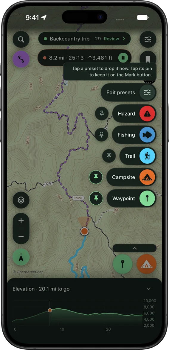 The Mark palette in SK Maps open over the map, with Hazard, Fishing, Trail, Campsite and Waypoint presets, each with a pin to keep it on the Mark button