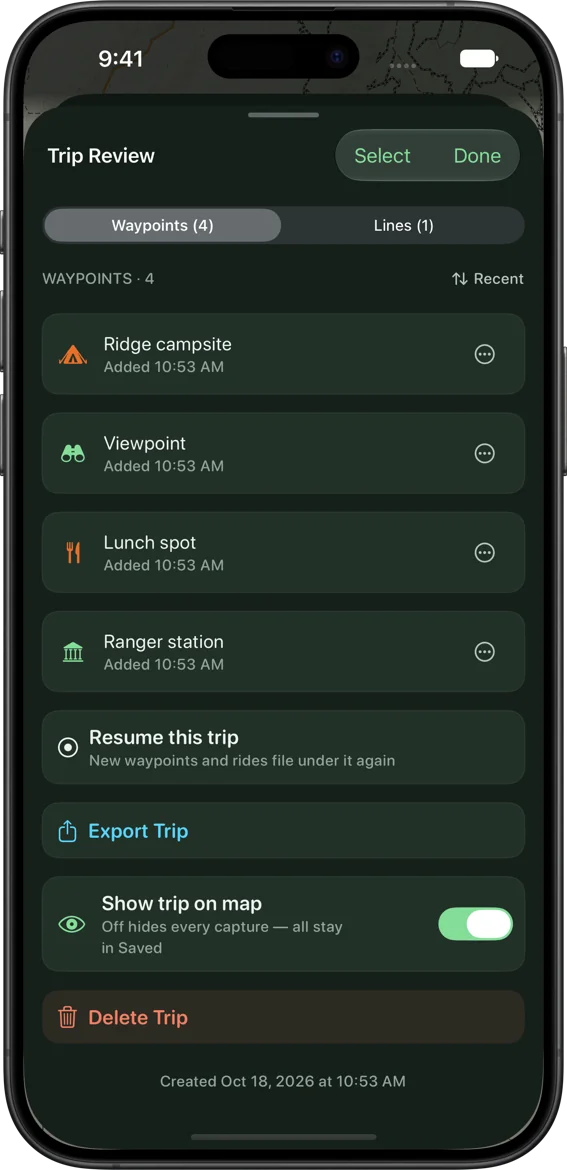 A completed trip in SK Maps with its four waypoints listed and its ride counted under Lines, all in one place, above an Export Trip button